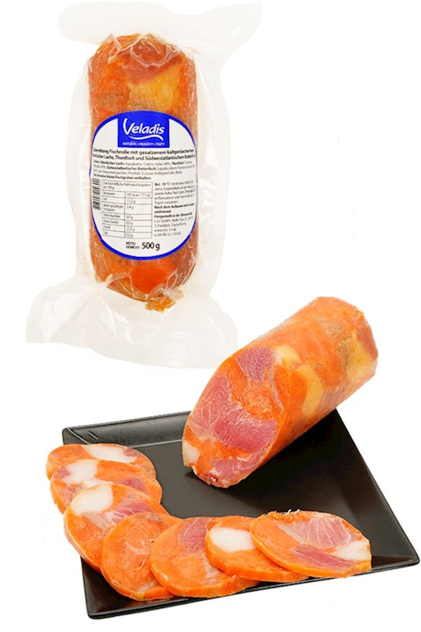Veladis Рыбный рулет с соленым атлантическим лососем холодного копчения, тунцом и масляной рыбой, 500 г