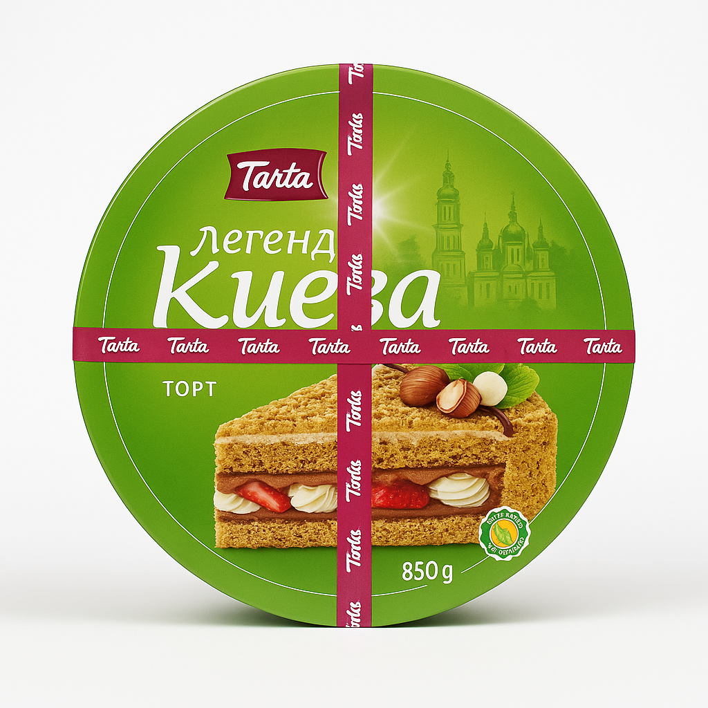 Торт “Легенда Києва” 850 г: два безе-коржі з горіхами, шоколадний крем та глазур, декорований волоськими горіхами