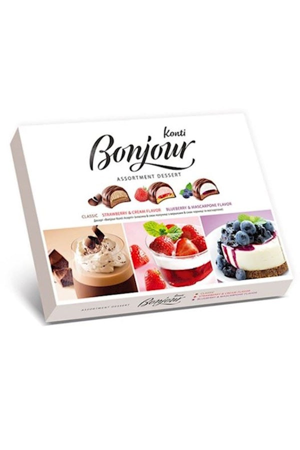 Десерт Бонжур Ассорти классика вкус клубника со сливками,вкус черники и маскарпоне 348г 1/6 Konti