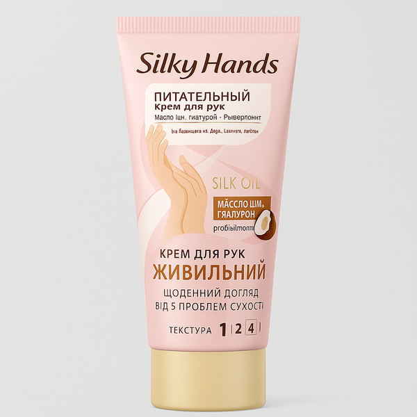 Silky Hands — Живильний крем для рук з маслом ши, гіалуроном і провітаміном B5, 75 мл