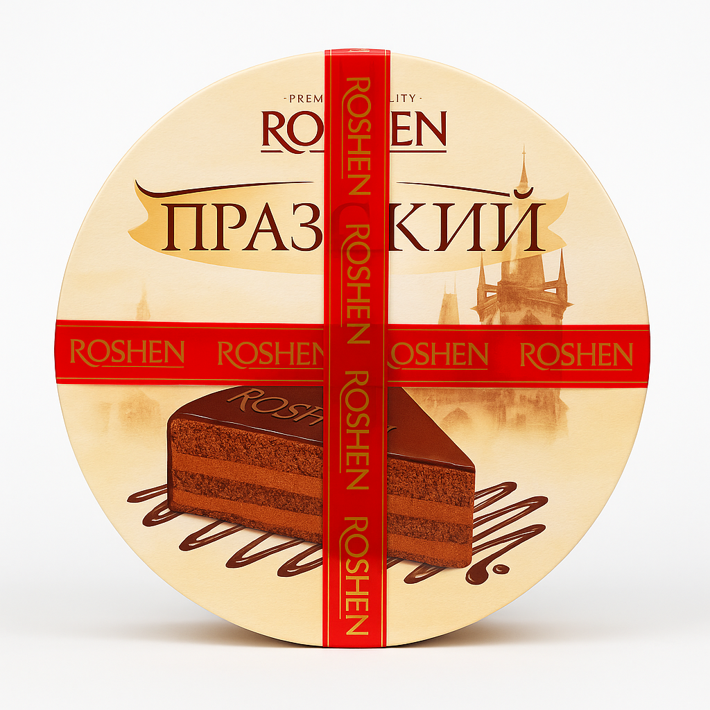 Торт “Празький” Roshen 520 г: три шоколадні коржі, шоколадний крем і глянцева глазур, декор крихтою