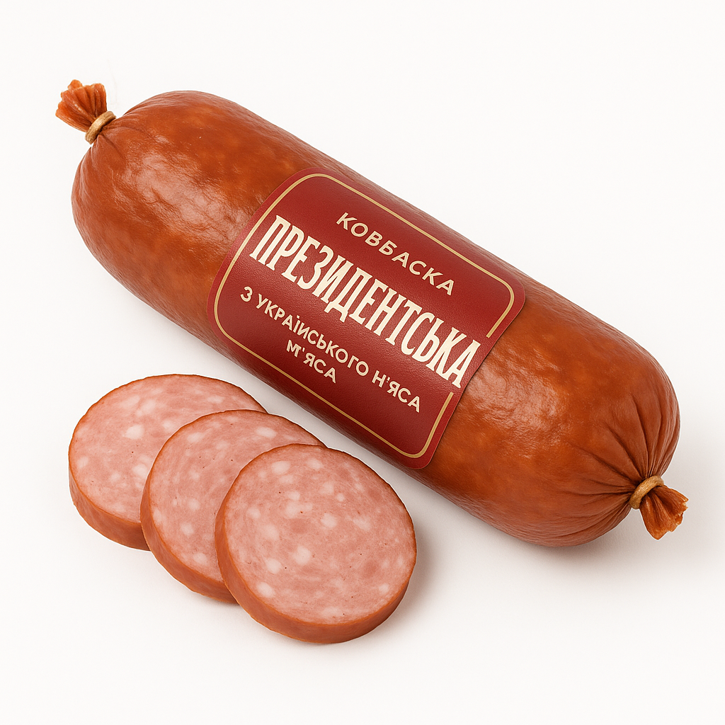 Geräucherte Brühwurst "Presidentska" aus Schweinefleisch ukrainischer Art, mittelgrob, mit Schweine- und Rindfleischaroma.