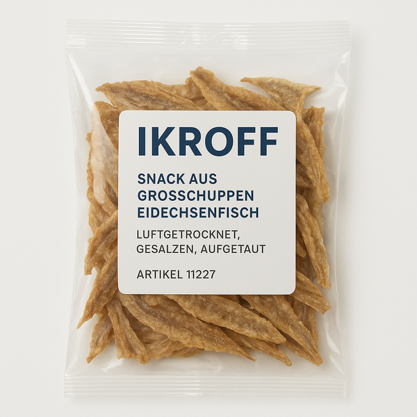 "IKROFF" Snack aus Großschuppen Eidechsenfisch, luftgetrocknet, gesalzen, aufgetaut