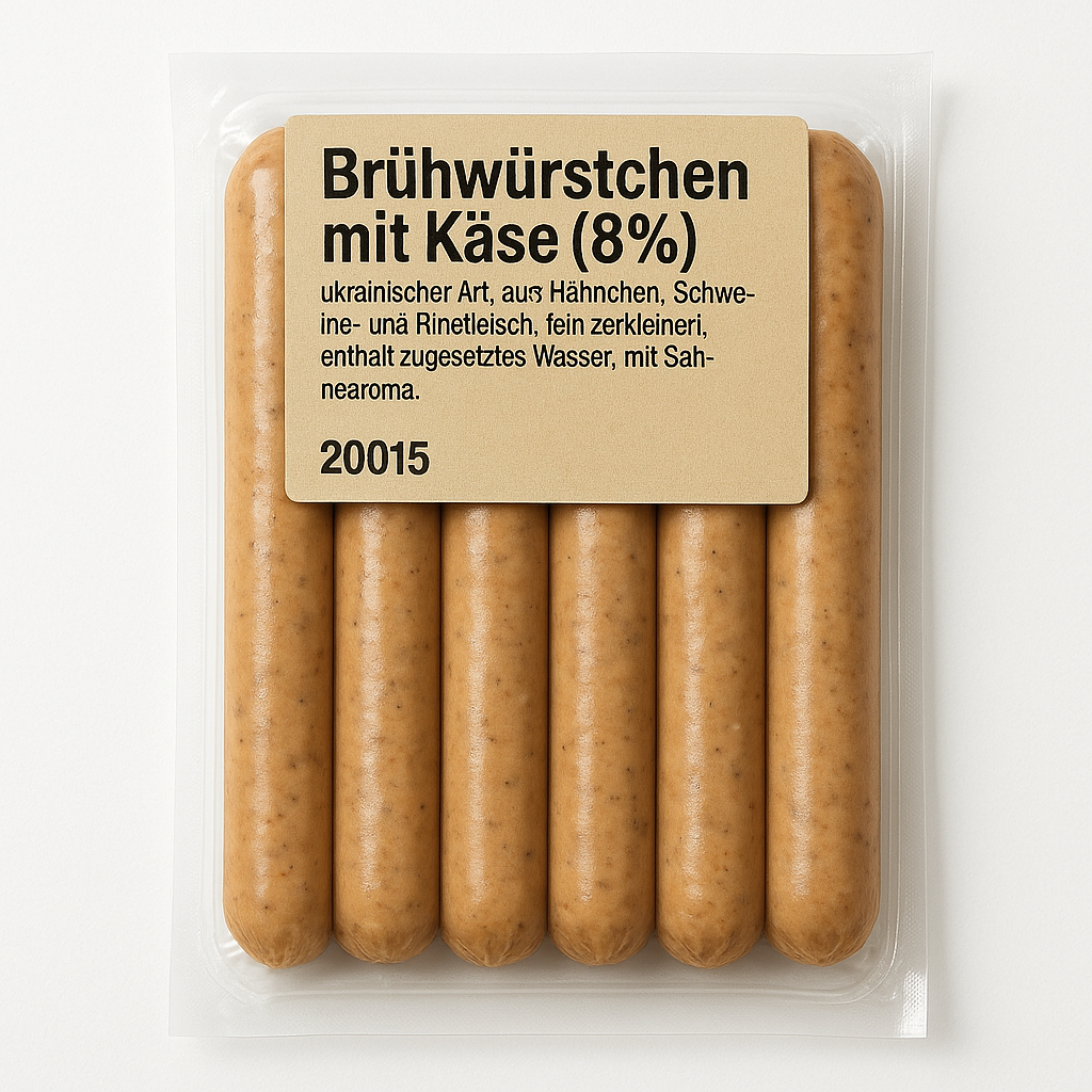 Brühwürstchen mit Käse (8%), ukrainischer Art, aus Hähnchen, Schweine- und Rindfleisch, fein zerkleinert, enthält zugesetztes Wasser, mit Sahnearoma,