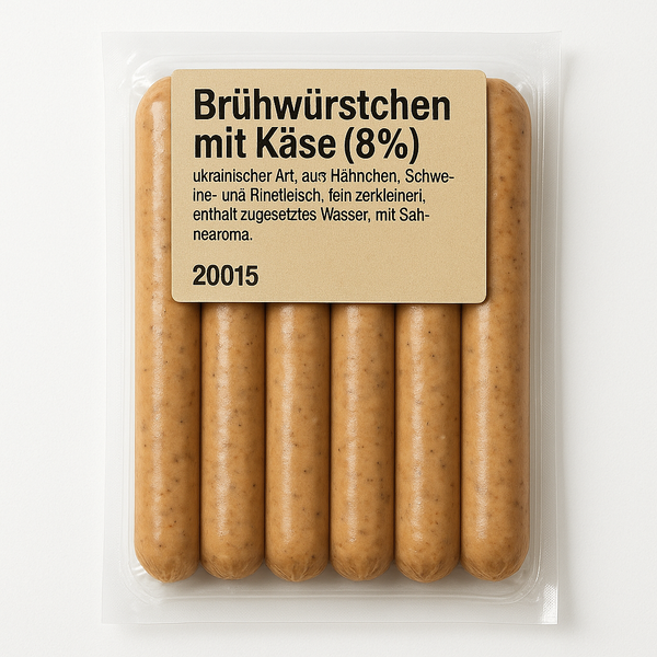 Brühwürstchen mit Käse (8%), ukrainischer Art, aus Hähnchen, Schweine- und Rindfleisch, fein zerkleinert, enthält zugesetztes Wasser, mit Sahnearoma,